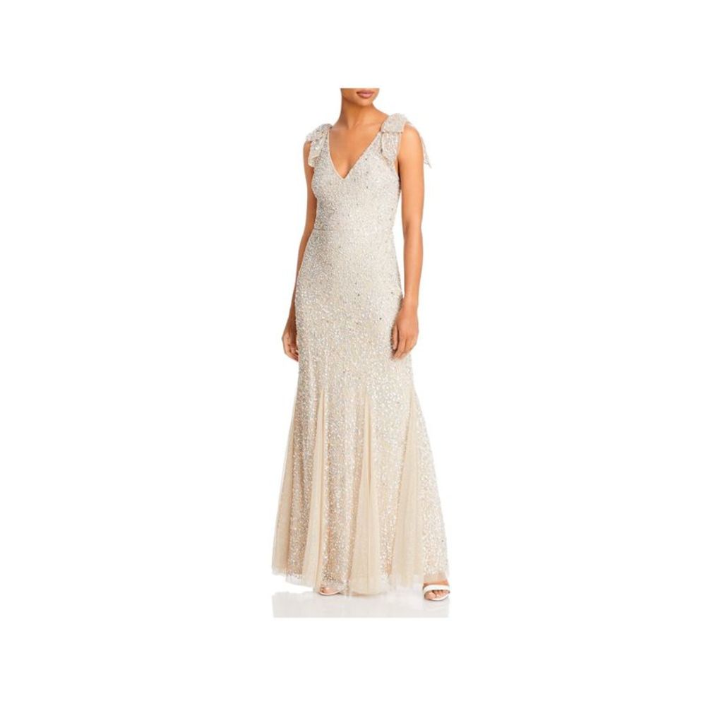 AIDAN MATTOX Womens Beige Double With Bows Sleeveless Formal Gown Dress 2